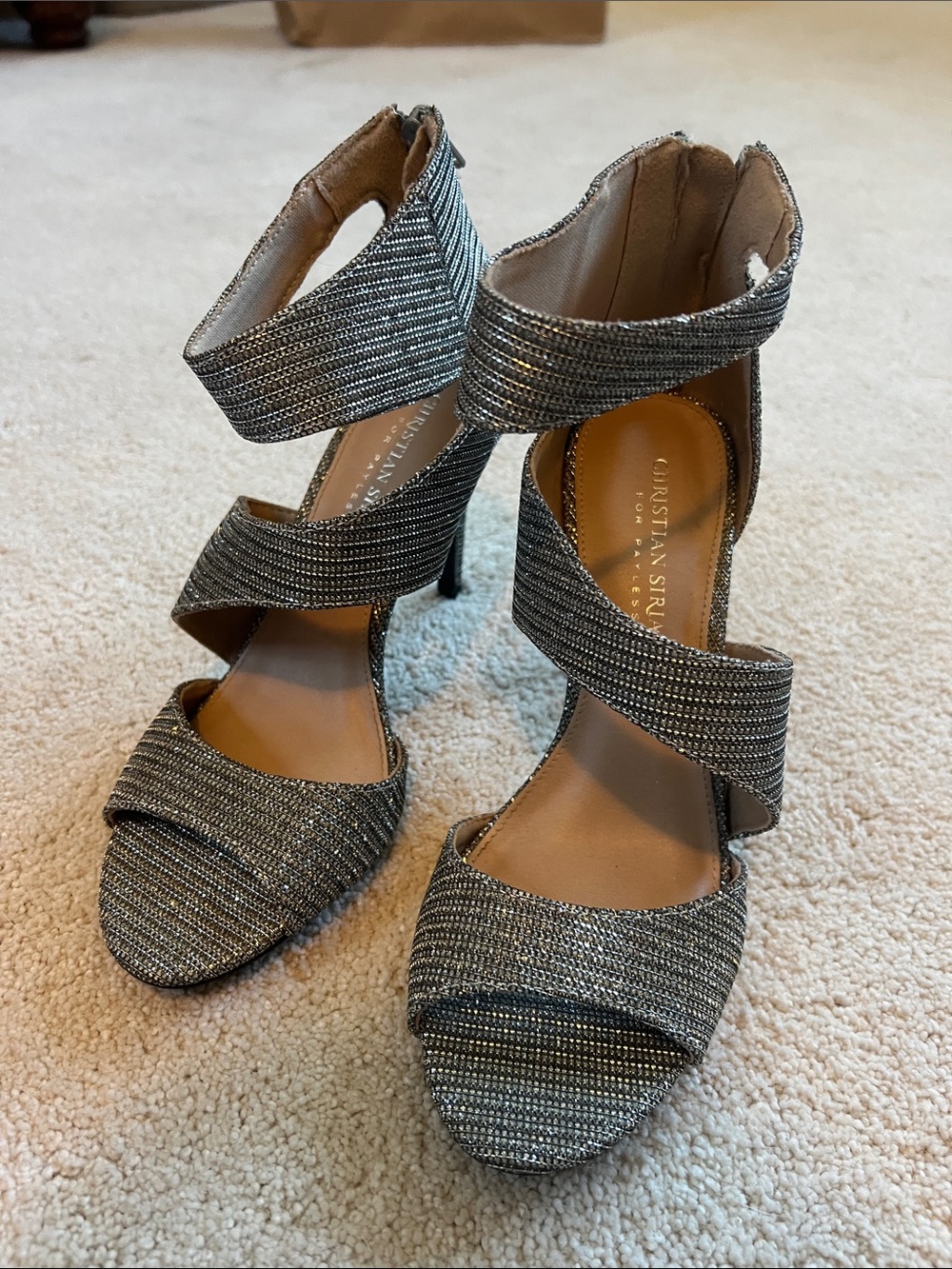 Christian Siriano Silver Metallic Wrap-Strap Heels